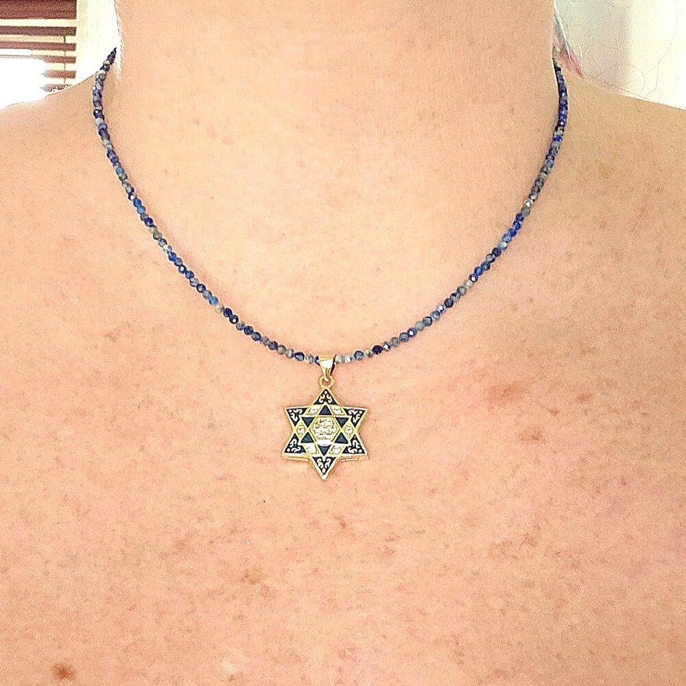 Stunning Blue Enamel CZ Star of David Necklace Adjustable Lapis Lazuli Chain